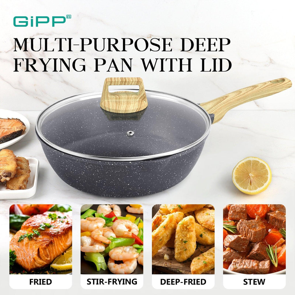 GiPP Nonstick Deep Frying Pan - 11 Inch Saute Pan with Lid Granite Induction Cookware, 4.5Qt Non Stick Working Pan Skillet, PFOA PFOS APEO Free, White - GiPP Kitchenware