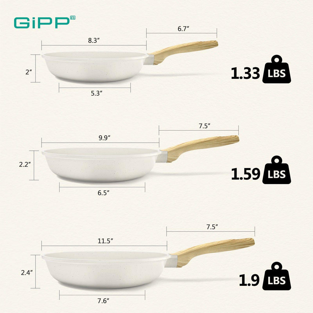 GiPP Nonstick Frying Pan Skillet Set- 8"&9.5"&11" Granite Non Stick Pans, Omelette Pan with Heat-Resistant Handle, Compatible with All Stovetops, PFOA Free - GiPP Kitchenware