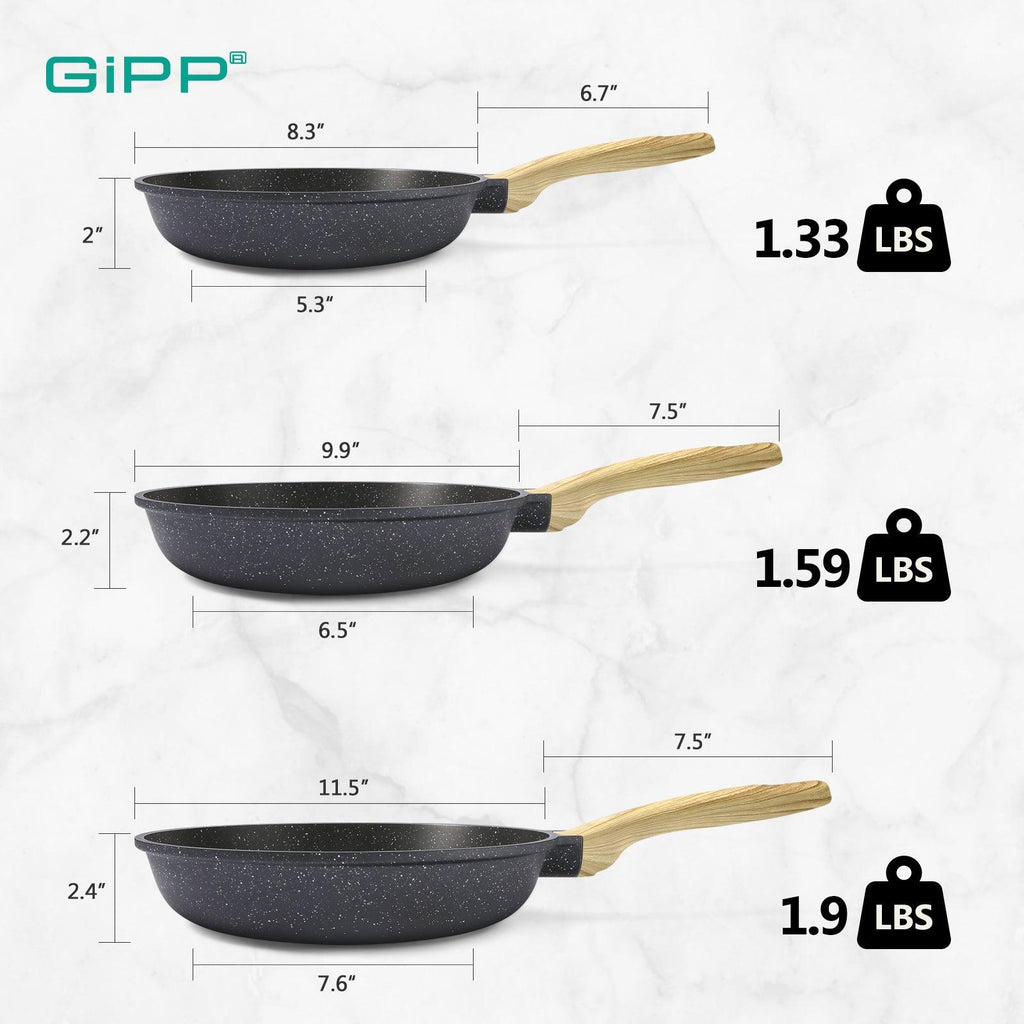 GiPP Nonstick Frying Pan Skillet Set- 8"&9.5"&11" Granite Non Stick Pans, Omelette Pan with Heat-Resistant Handle, Compatible with All Stovetops, PFOA Free - GiPP Kitchenware
