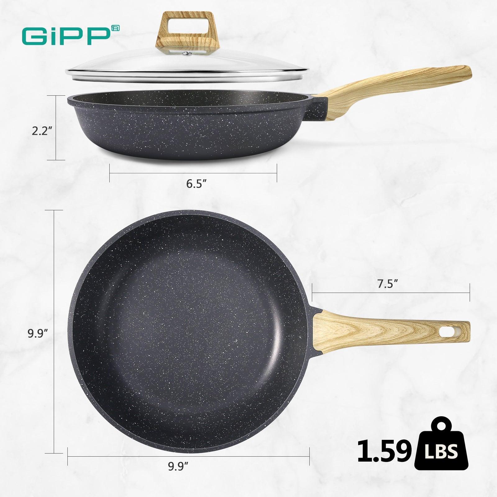 GiPP Nonstick Frying Pan Skillet with Lid- 8"/9.5"/11" Granite Non Stick Pans, Omelette Pan with Heat-Resistant Handle, Compatible with All Stovetops, PFOA Free - GiPP Kitchenware