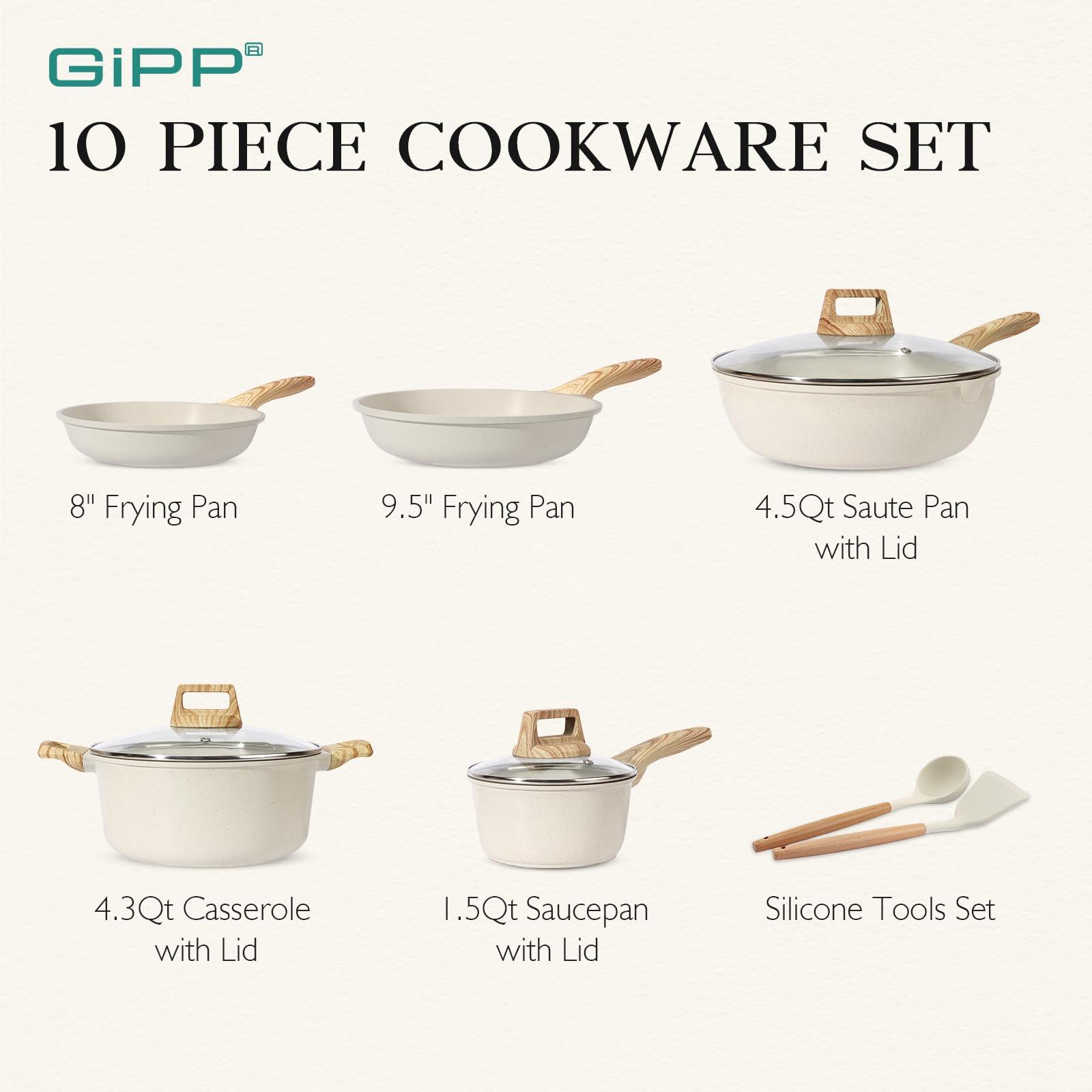 GiPP Pots and Pans Set Non Stick - 10 Pcs White Granite Kitchen Cookware Sets Nonstick Induction Cookware Cooking Pan Set with Frying Pans, Saucepans and Silicone Utensils, PFOS & PFOA Free - GiPP Kitchenware