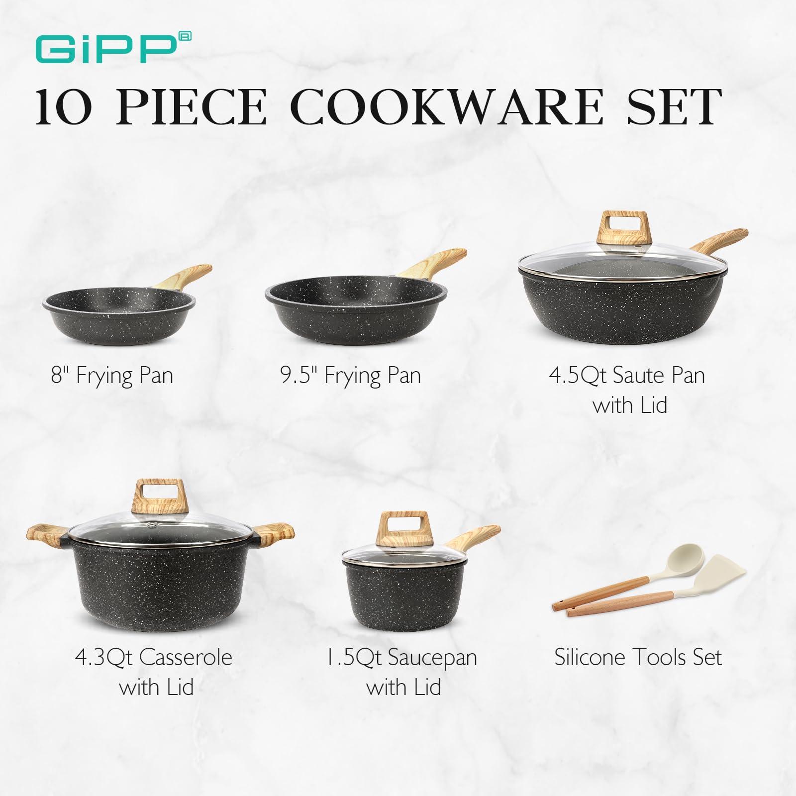 GiPP Pots and Pans Set Non Stick - 10 Pcs White Granite Kitchen Cookware Sets Nonstick Induction Cookware Cooking Pan Set with Frying Pans, Saucepans and Silicone Utensils, PFOS & PFOA Free - GiPP Kitchenware
