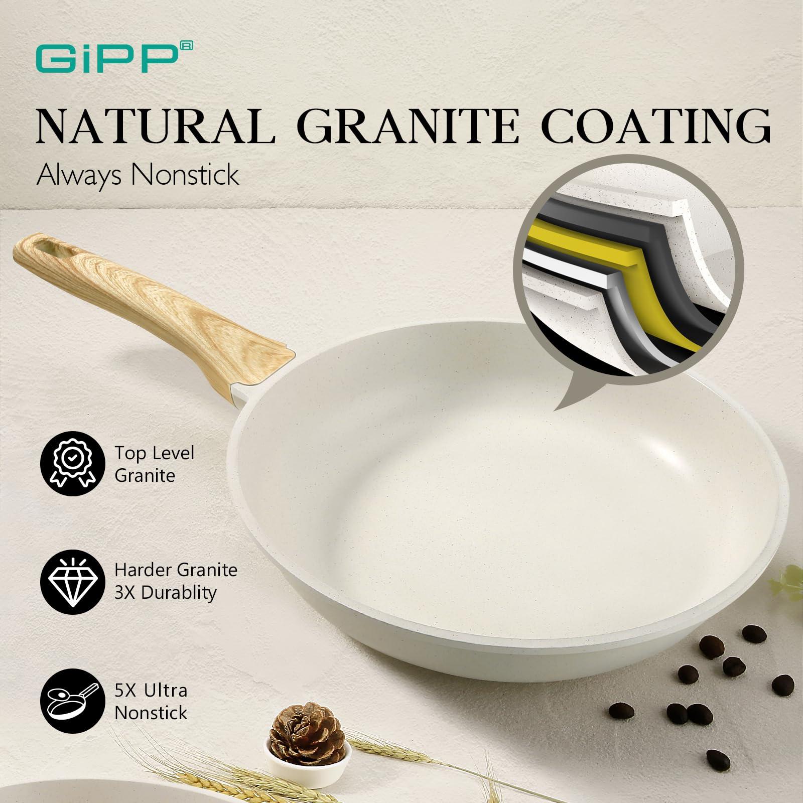 GiPP Pots and Pans Set Non Stick - 10 Pcs White Granite Kitchen Cookware Sets Nonstick Induction Cookware Cooking Pan Set with Frying Pans, Saucepans and Silicone Utensils, PFOS & PFOA Free - GiPP Kitchenware