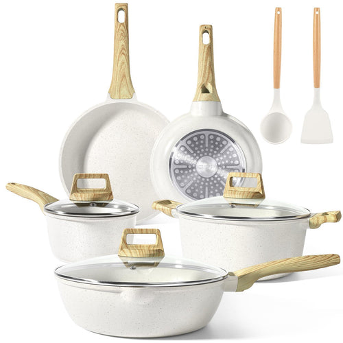 GiPP Pots and Pans Set Non Stick - 10 Pcs White Granite Kitchen Cookware Sets Nonstick Induction Cookware Cooking Pan Set with Frying Pans, Saucepans and Silicone Utensils, PFOS & PFOA Free - GiPP Kitchenware